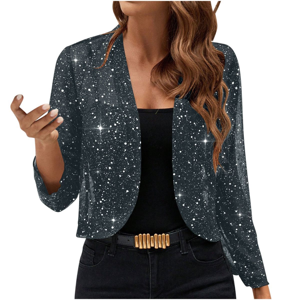 Sparkly Women'S Jacket Sheer Jacket Women'S Outerwear Fashion Jacket Glamorous - Dark Gray - Size L