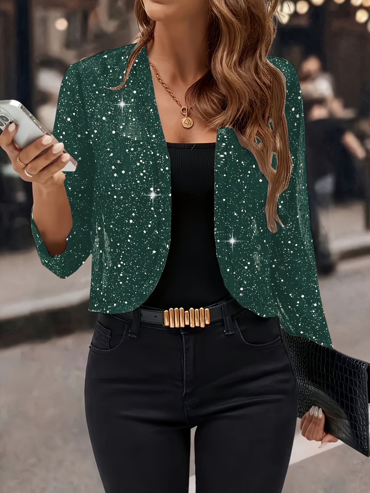 Sparkly Women'S Jacket Sheer Jacket Women'S Outerwear Fashion Jacket Glamorous - Green - Size S