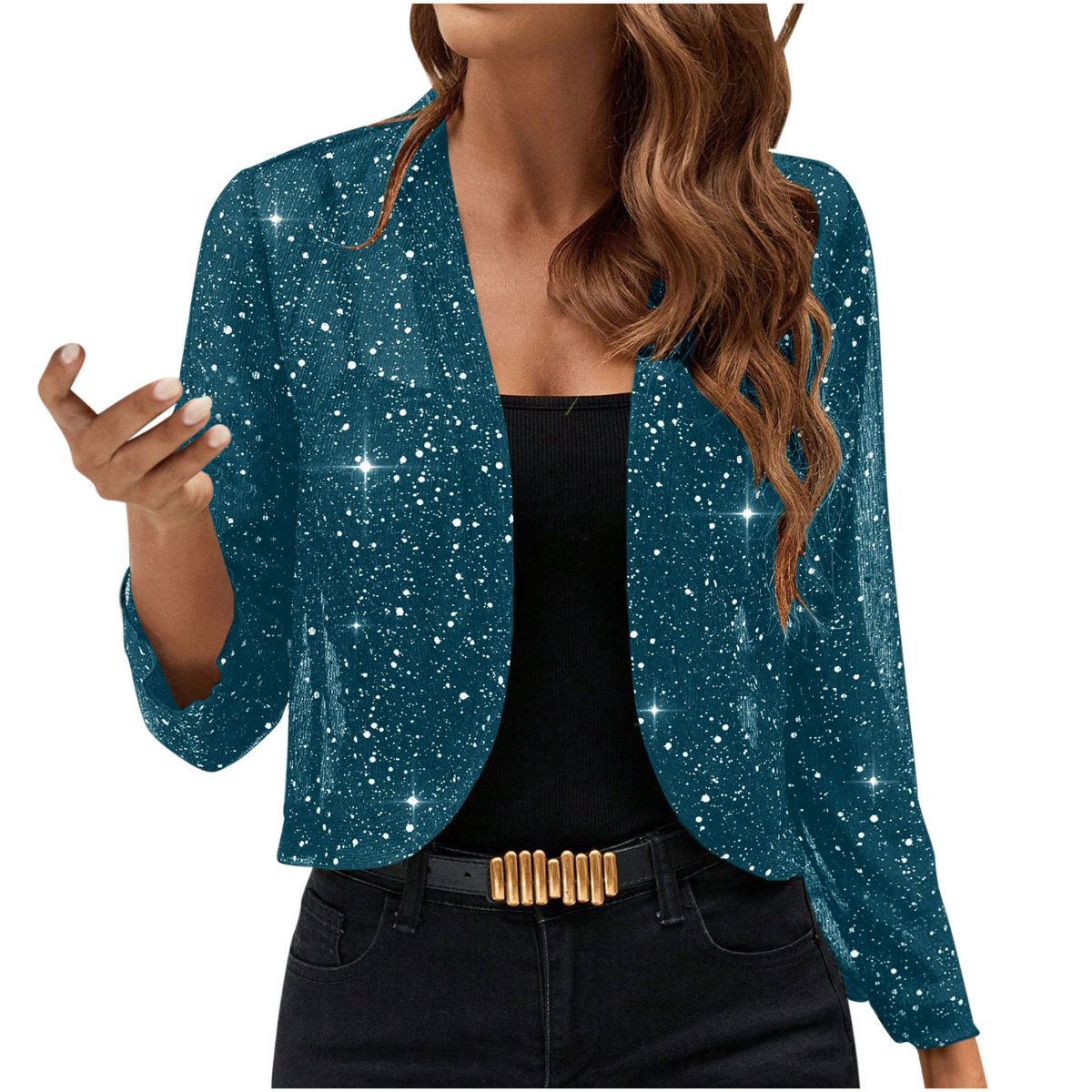 Sparkly Women'S Jacket Sheer Jacket Women'S Outerwear Fashion Jacket Glamorous - Turquoise - Size L