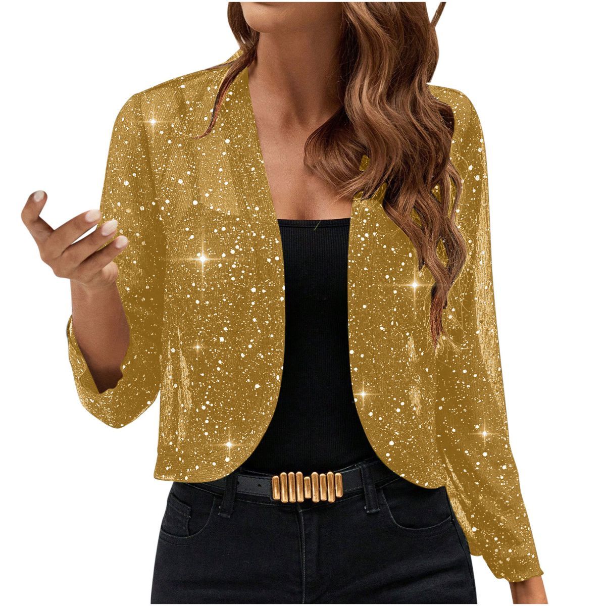 Sparkly Women'S Jacket Sheer Jacket Women'S Outerwear Fashion Jacket Glamorous - Yellow - Size S