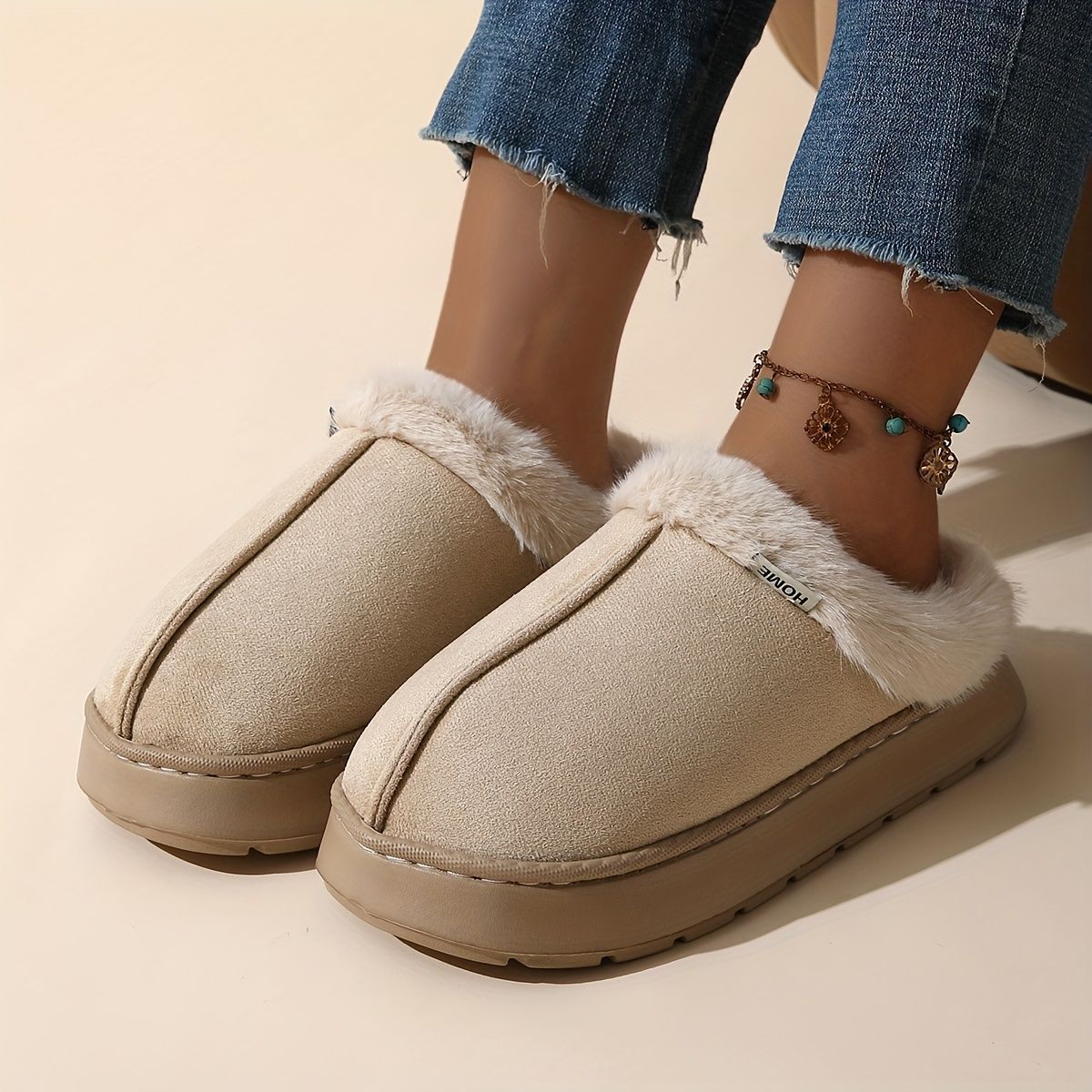 Women'S Furry Slippers Cosy House Shoes Australian Women’S Lounge Slippers Warm - Beige - Size 36