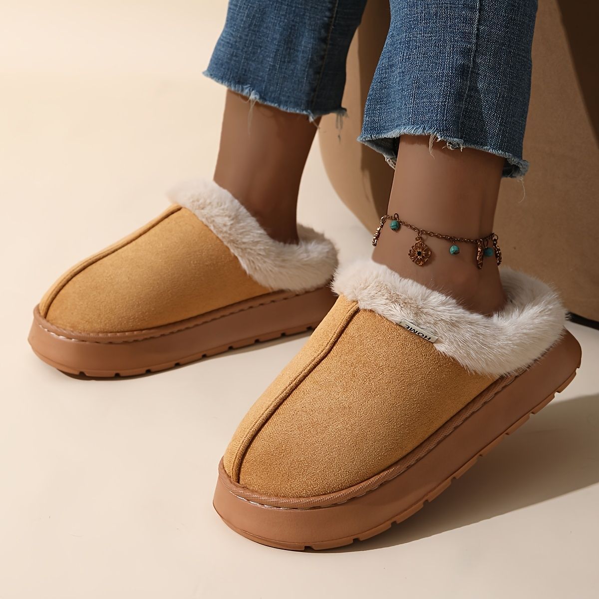 Women'S Furry Slippers Cosy House Shoes Australian Women’S Lounge Slippers Warm - Khaki - Size 44