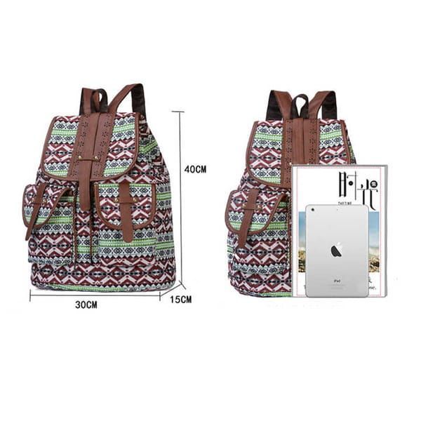 Brown Gray Bohemian Backpack Canvas Backpack Retro Tribal Patterns Leather Strap Backpack