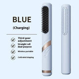 Blue Red Portable Hair Straightening Brush USB Rechargeable Hair Straightener Cold Air