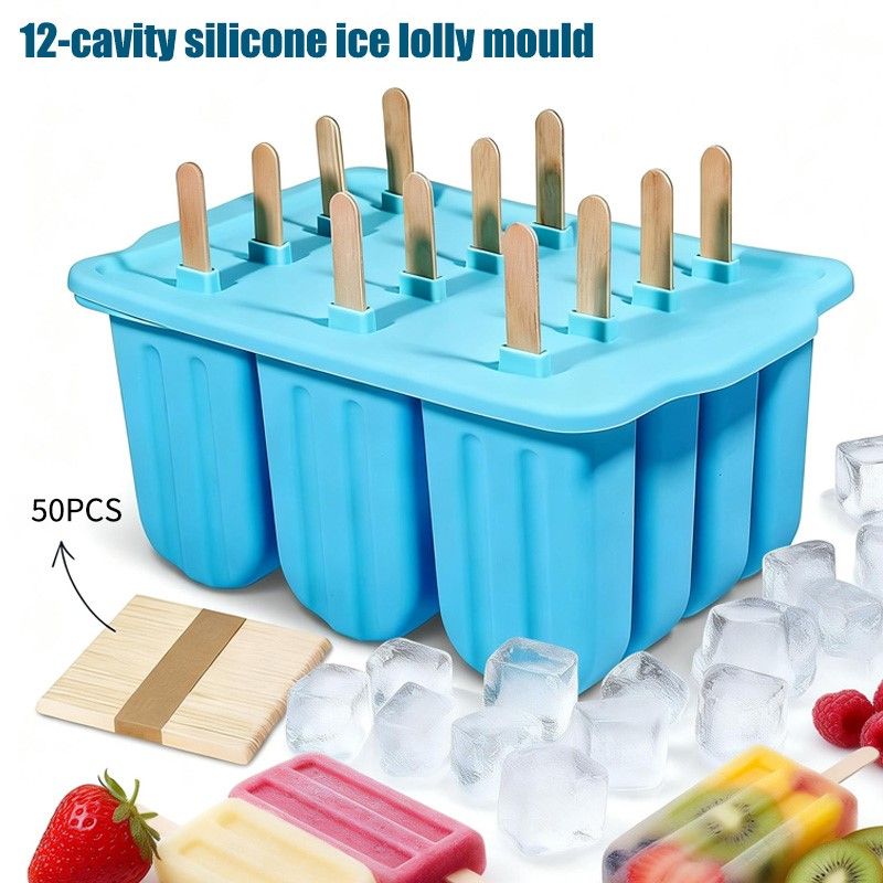 12-Cavity Silicone Ice Lolly Mould with 50 Wooden Sticks