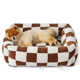 Adorable Square Furry Pet Bed 91x68x20CM with Removable Cover & 5 Bolster Pillows - Brown Checkered