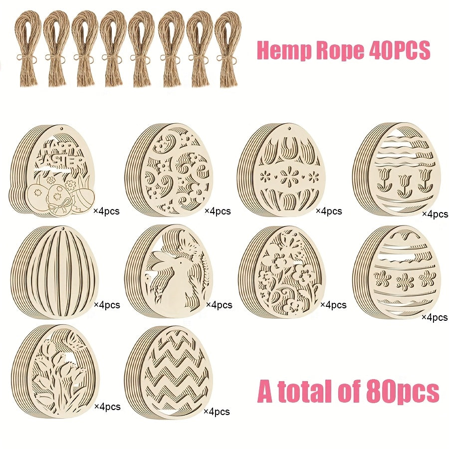 80pcs Easter wooden colored eggs, blank wooden pieces hand-made colored eggs, (including 40 hemp ropes and 40 wooden pieces) blank hanging decorative hand-made labels, suitable for Easter spring DIY art handicraft decorations, Easter decorations (Easter f