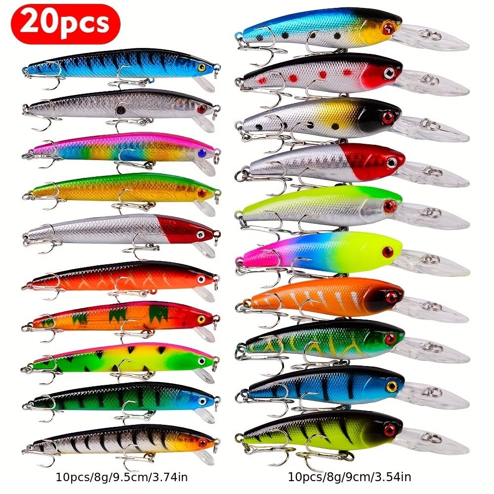 Proberos 20-piece fishing tackle set | hard bait set, suitable for striped bass and bass | scoop hook lure, minnow lure, jumper, pencil-shaped swim bait, fish hook, sea bass lure