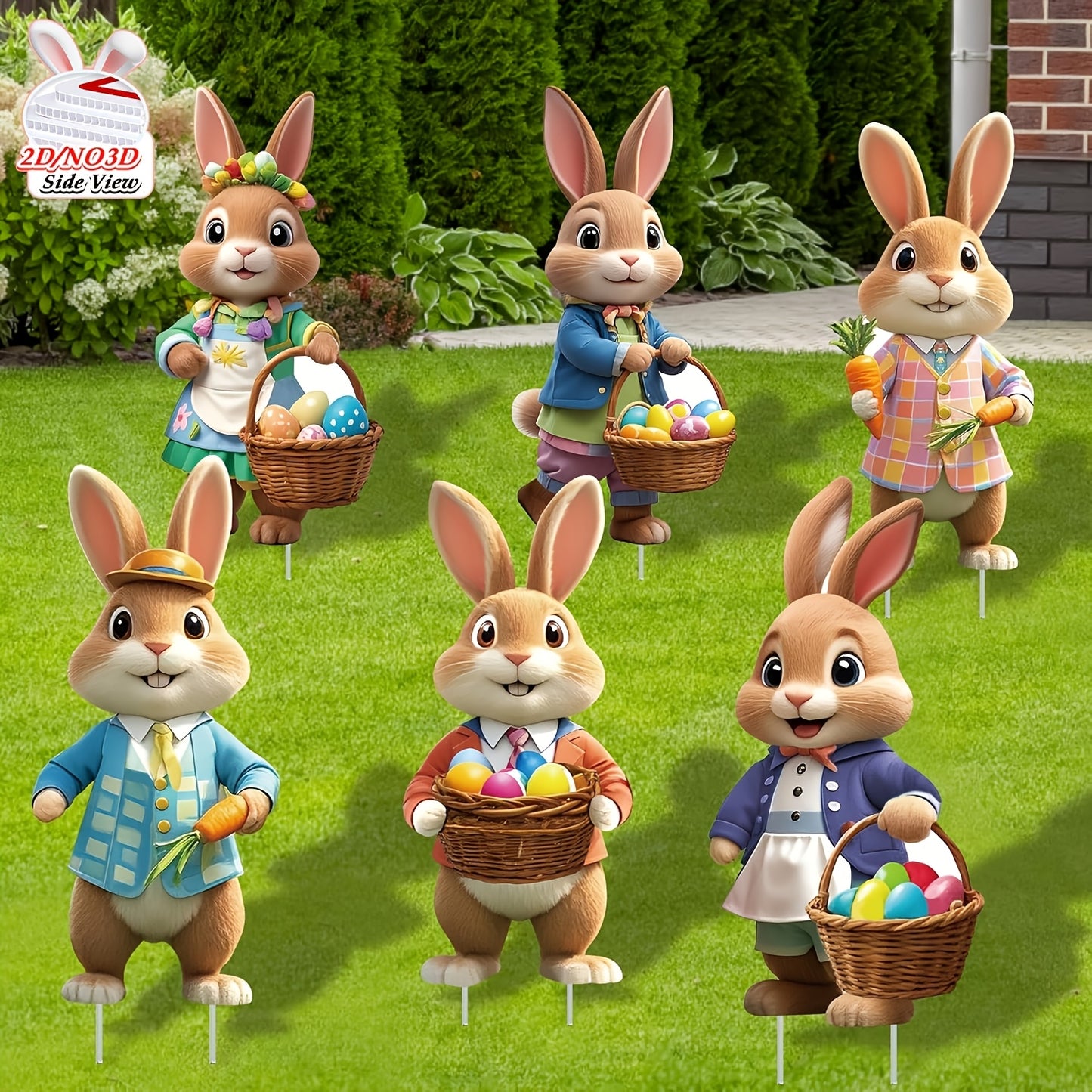 2DFlat, 8pcs Easter Gentleman Rabbit Group Decoration, exquisite shape holding egg basket / carrot rabbit, fashionable dress design outdoor waterproof easy to install props, spring courtyard atmosphere Gentleman Rabbit Group Plaque Decoration