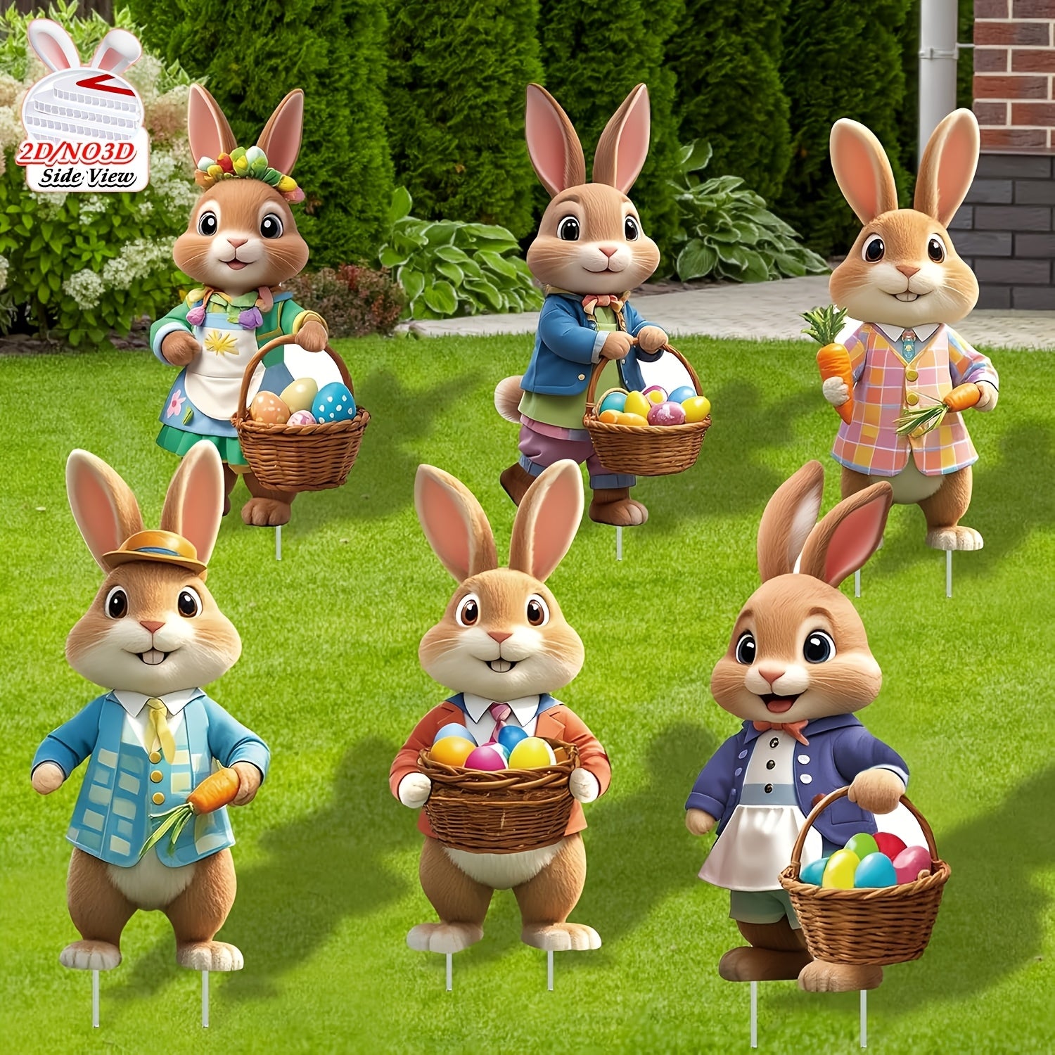 2DFlat, 8pcs Easter Gentleman Rabbit Group Decoration, exquisite shape holding egg basket / carrot rabbit, fashionable dress design outdoor waterproof easy to install props, spring courtyard atmosphere Gentleman Rabbit Group Plaque Decoration