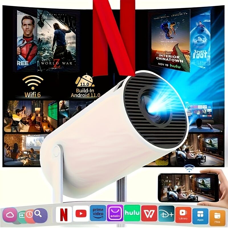HY300 Pro mini portable projector, native 1280 * 720P support 4K / 350ANSI smart projector, with WiFi 6 BT 6.0, Screen adjustment, 180-degree rotation, home video projector with Android 11. 0 operating system built-in