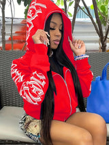 Y2k Hoodie Gothic Streetwear Women'S Zip-Up Jacket Letter Print Hoodie - Red - Size M(AU M/EU48)