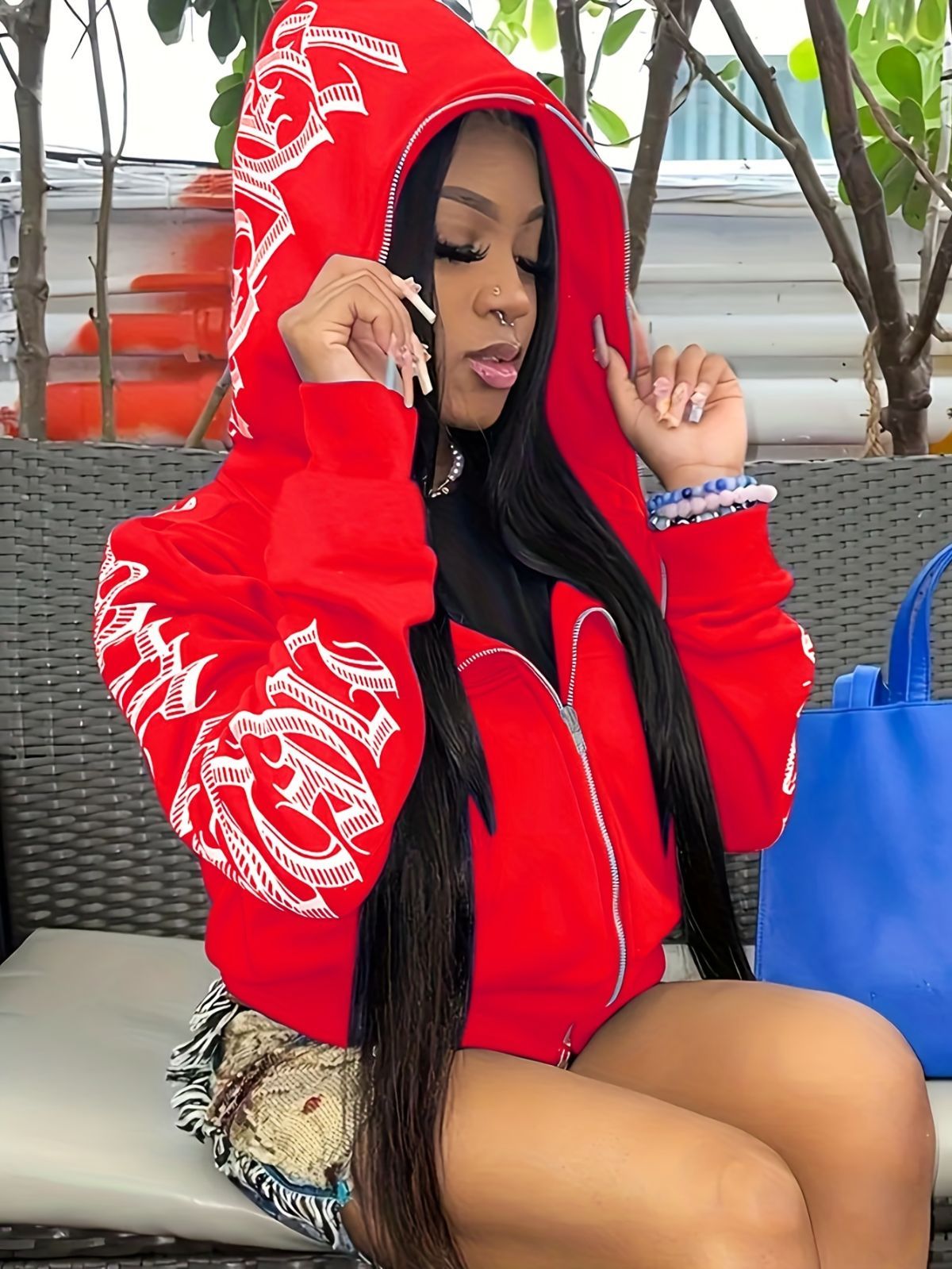 Y2k Hoodie Gothic Streetwear Women'S Zip-Up Jacket Letter Print Hoodie - Red - Size M(AU M/EU48)