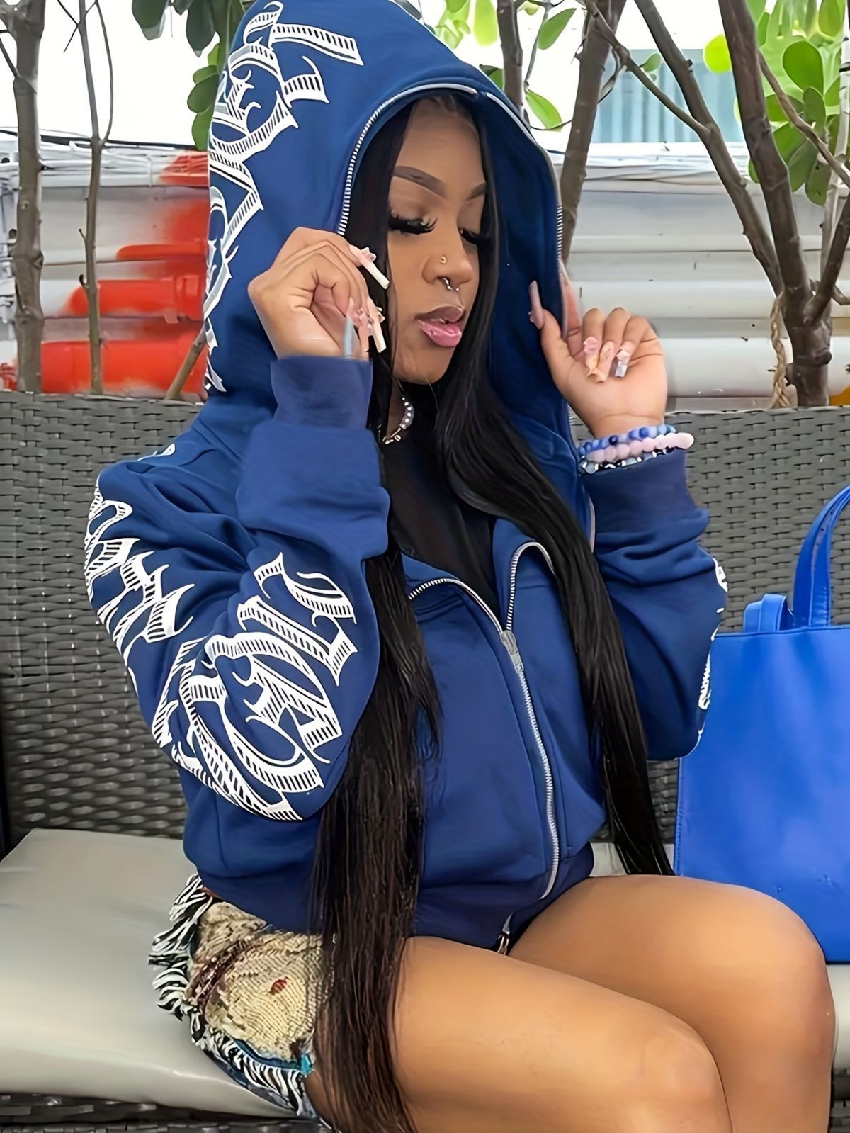 Y2k Hoodie Gothic Streetwear Women'S Zip-Up Jacket Letter Print Hoodie - Blue - Size M(AU M/EU48)
