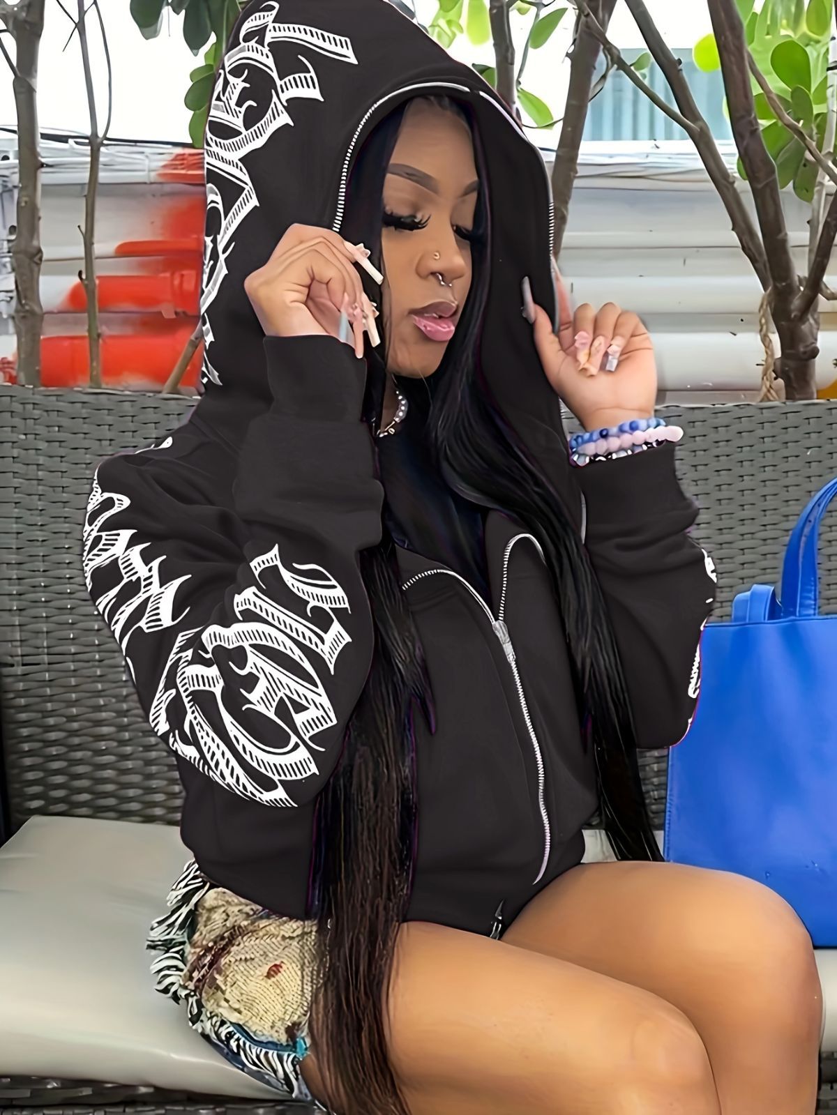 Y2k Hoodie Gothic Streetwear Women'S Zip-Up Jacket Letter Print Hoodie - Black - Size XL(AU XL/EU52)