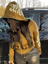Y2k Hoodie Gothic Streetwear Women'S Zip-Up Jacket Letter Print Hoodie - Coffee - Size S(AU S/EU46)