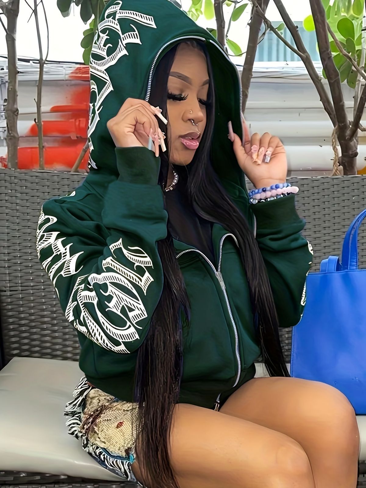 Y2k Hoodie Gothic Streetwear Women'S Zip-Up Jacket Letter Print Hoodie - Dark Green - Size S(AU S/EU46)