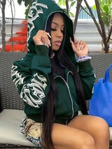 Y2k Hoodie Gothic Streetwear Women'S Zip-Up Jacket Letter Print Hoodie - Dark Green - Size XL(AU XL/EU52)
