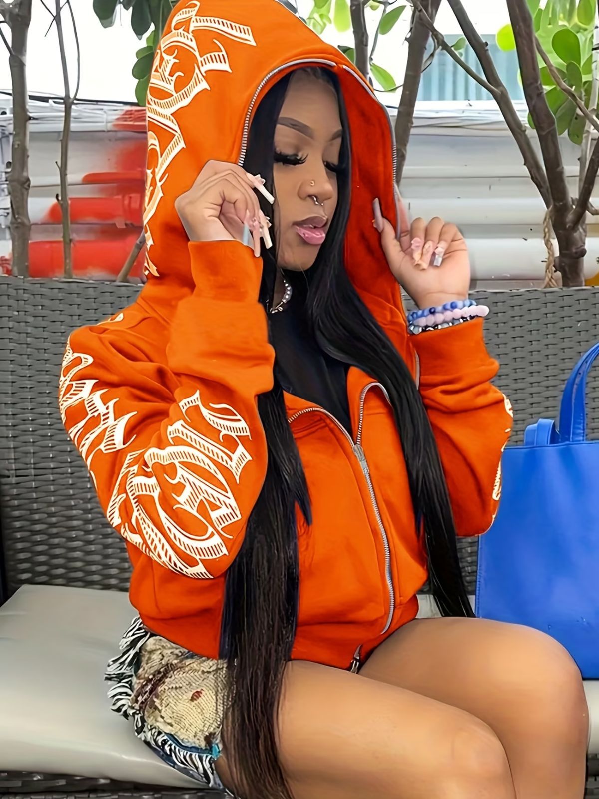 Y2k Hoodie Gothic Streetwear Women'S Zip-Up Jacket Letter Print Hoodie - Tangerine - Size XL(AU XL/EU52)