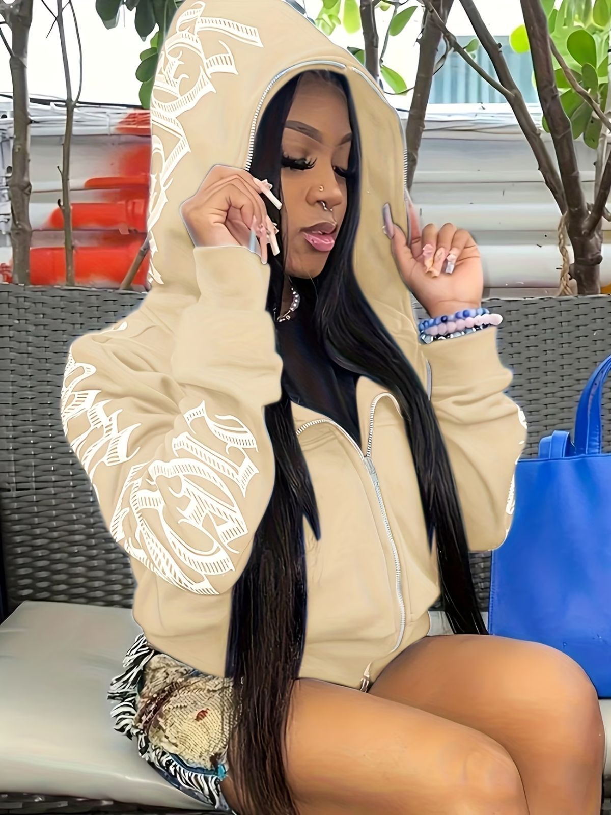 Y2k Hoodie Gothic Streetwear Women'S Zip-Up Jacket Letter Print Hoodie - Khaki - Size 2XL(AU 2XL/EU54)