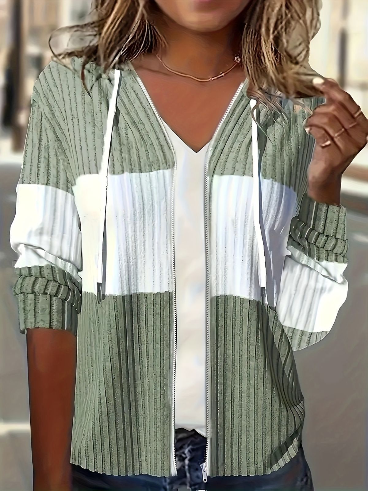 Women'S Hooded Jacket Two-Tone Jacket Drawstring Jacket Casual Jacket Australia - Green - Size S(AU S/EU46)