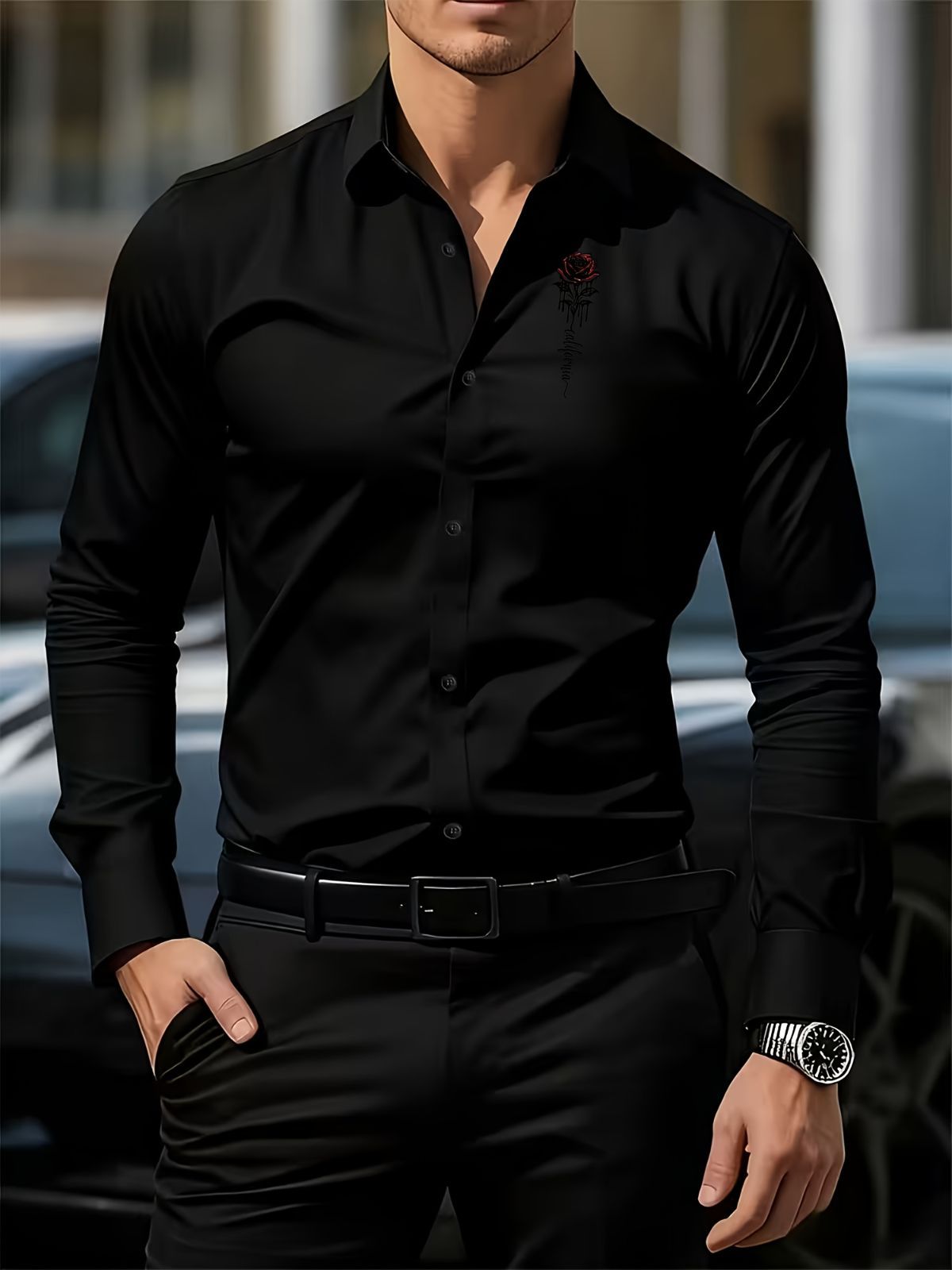 Men'S Formal Shirt Slim Fit Dress Shirt Long Sleeve Shirt Printed Shirt - Blue sapphire - Size L(AU L/EU50)