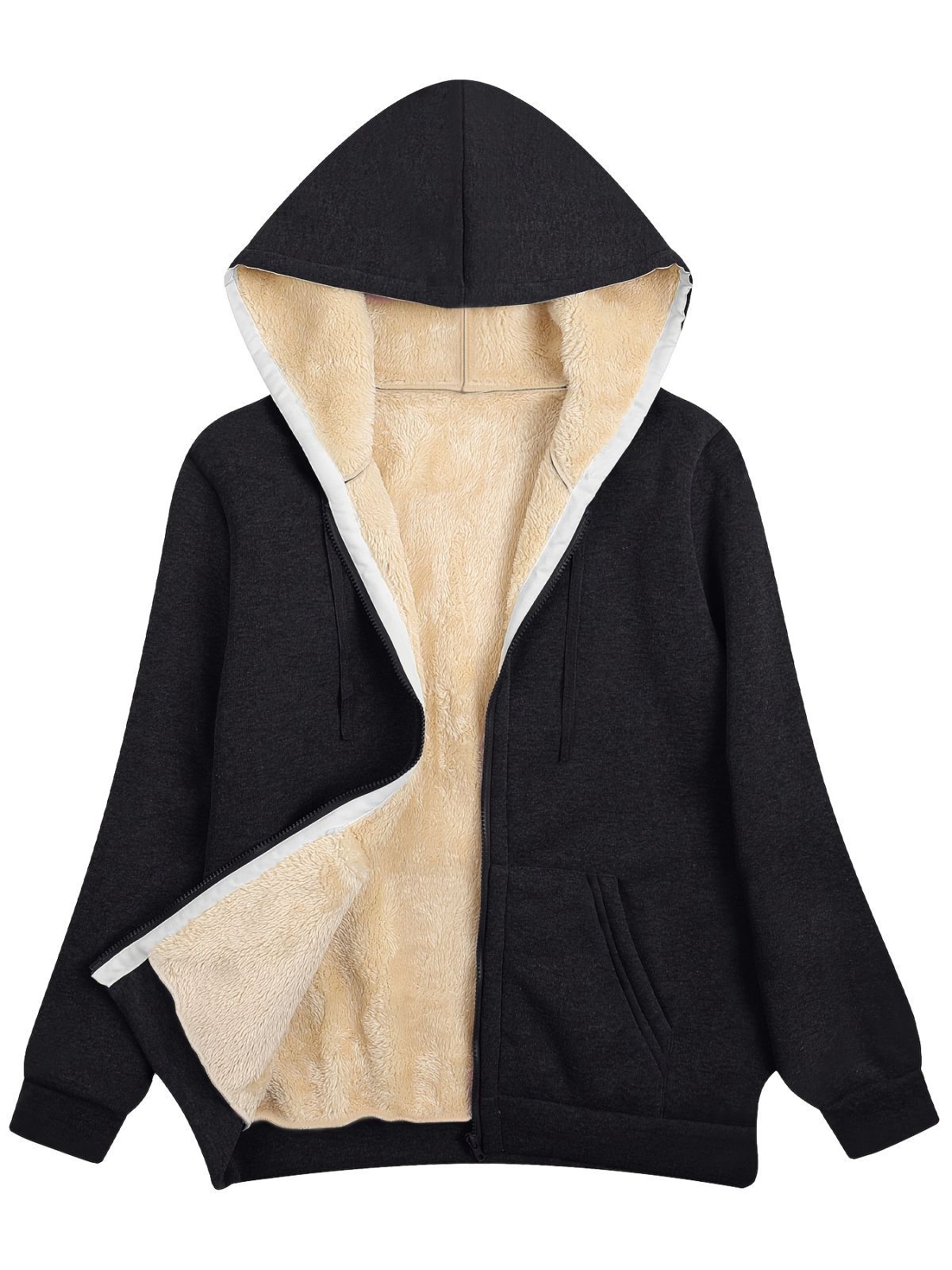 Fleece-Lined Hooded Jacket Women'S Winter Jacket Autumn Winter Coat Hooded - Black - Size L(AU L/EU50)