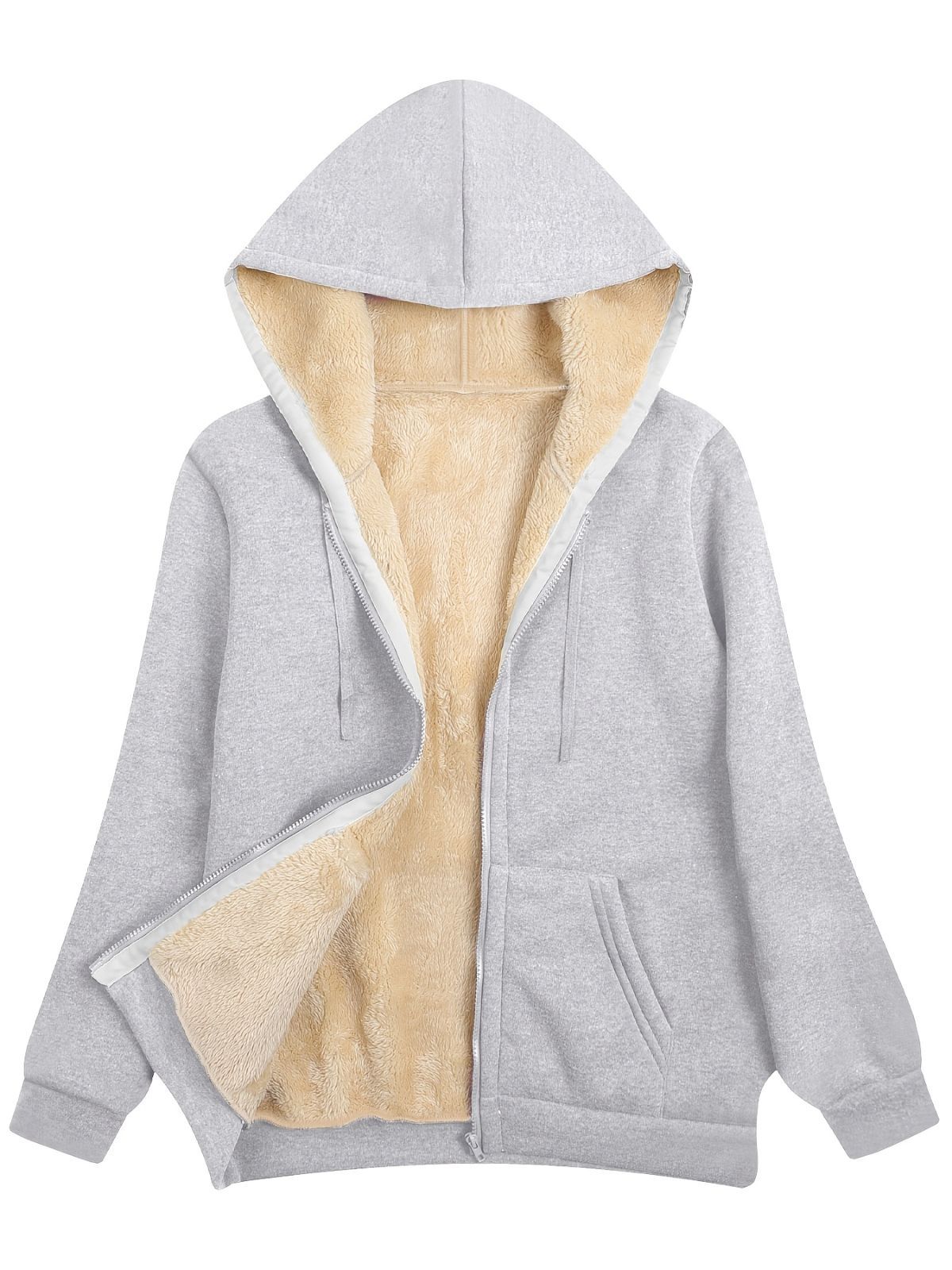 Fleece-Lined Hooded Jacket Women'S Winter Jacket Autumn Winter Coat Hooded - Light Gray - Size S(AU S/EU46)
