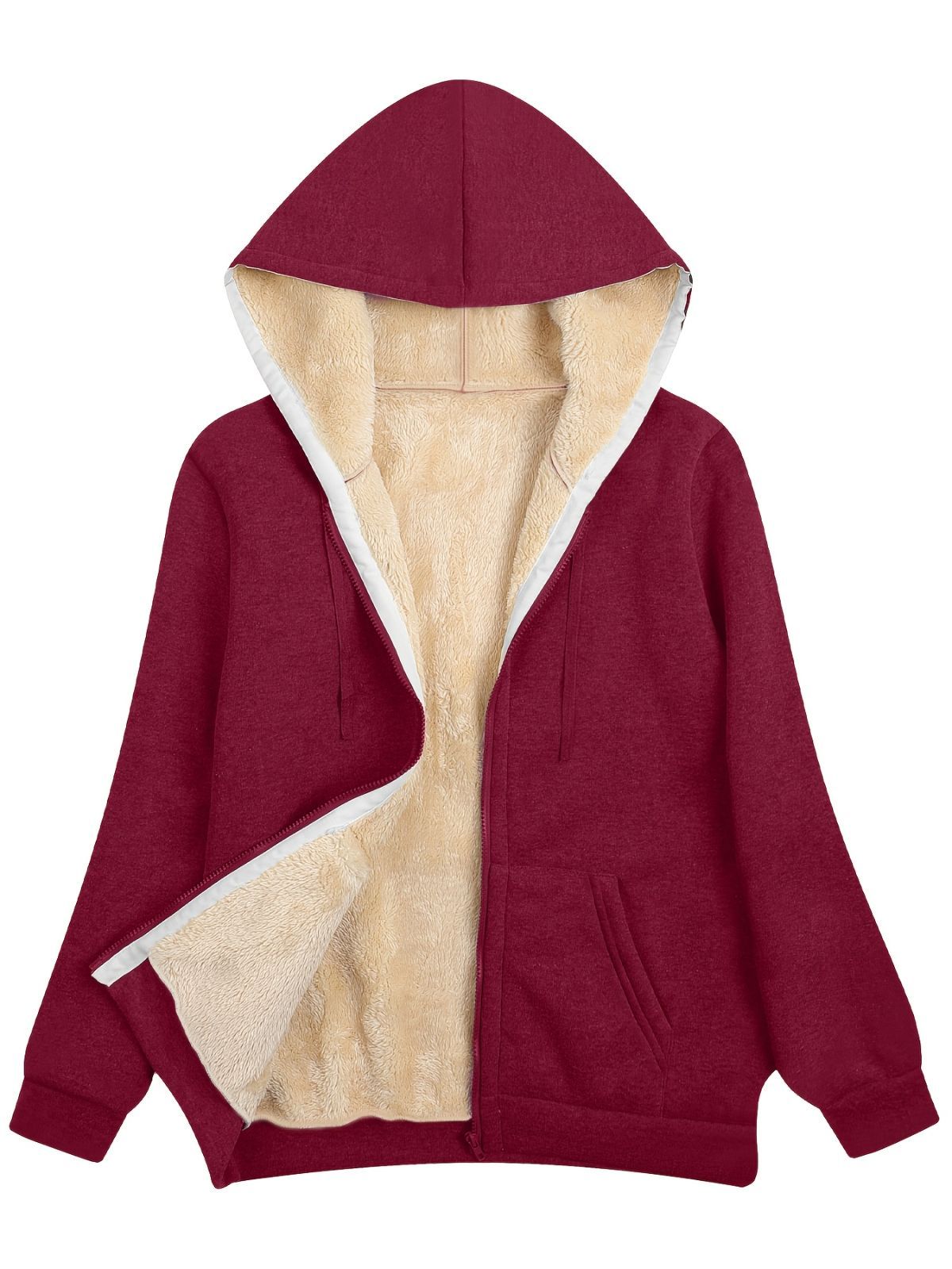 Fleece-Lined Hooded Jacket Women'S Winter Jacket Autumn Winter Coat Hooded - Burgundy - Size XL(AU XL/EU52)