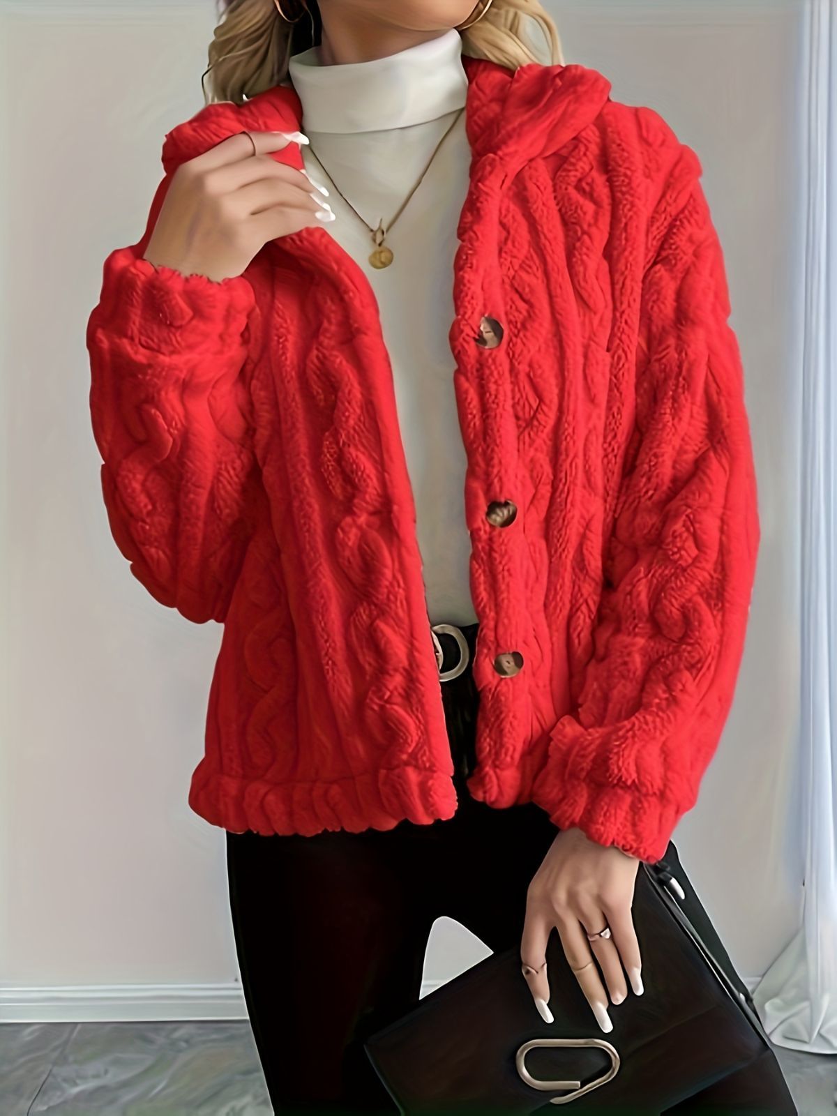 Double-Sided Fleece Coat Turn-Down Collar Button Coat Women'S Winter Outerwear - Red - Size XL(AU XL/EU52)
