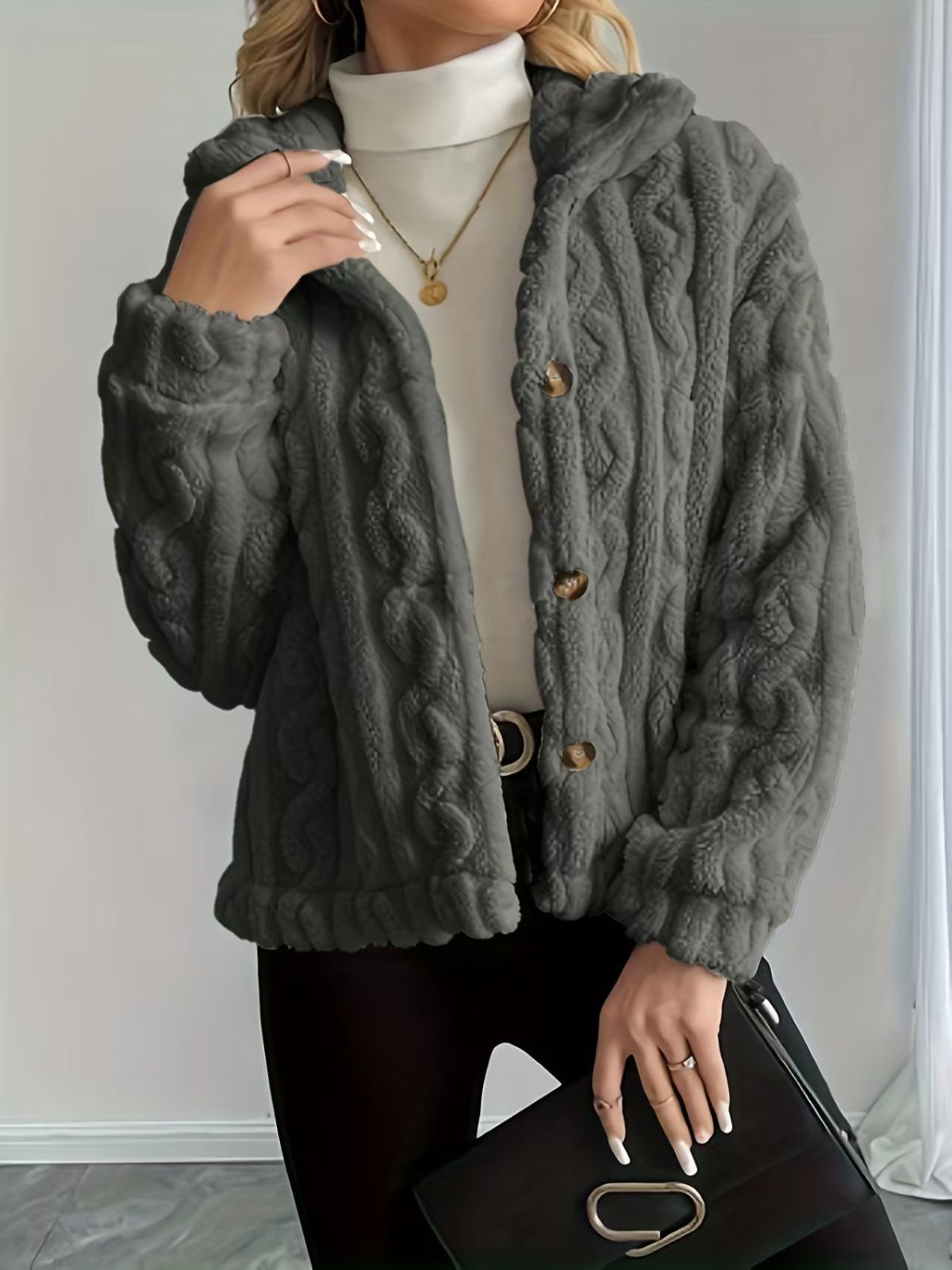 Double-Sided Fleece Coat Turn-Down Collar Button Coat Women'S Winter Outerwear - Dark Gray - Size 2XL(AU 2XL/EU54)