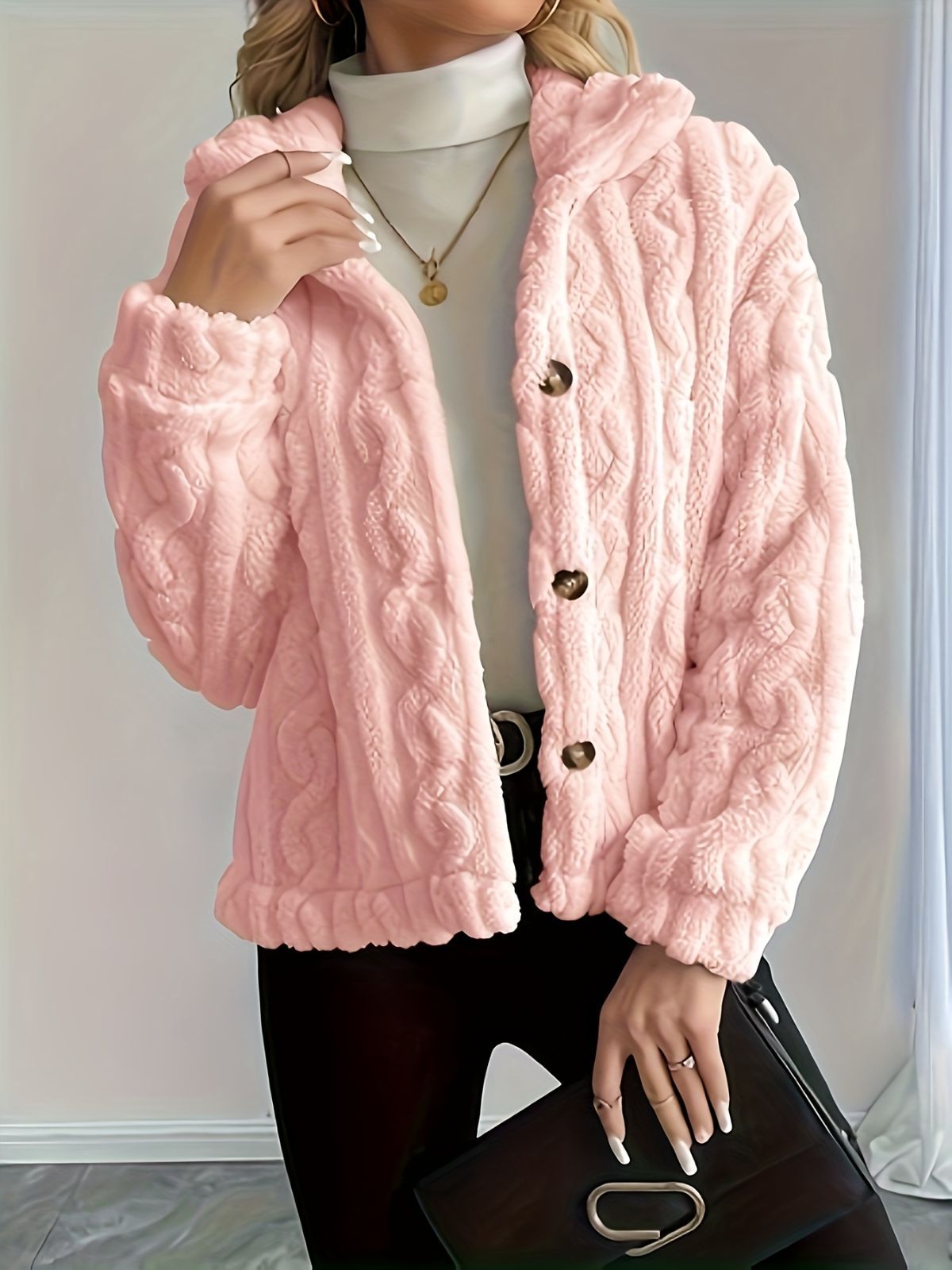 Double-Sided Fleece Coat Turn-Down Collar Button Coat Women'S Winter Outerwear - Pink - Size M(AU M/EU48)