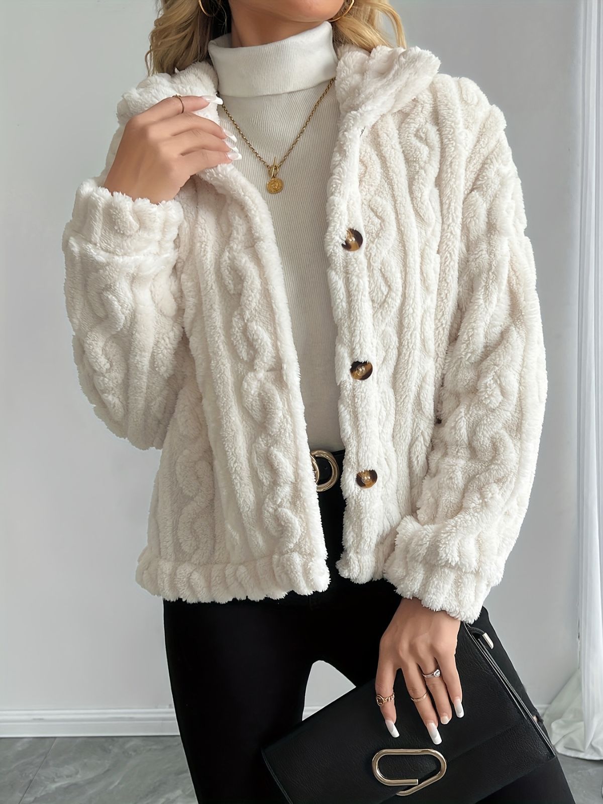 Double-Sided Fleece Coat Turn-Down Collar Button Coat Women'S Winter Outerwear - White - Size S(AU S/EU46)