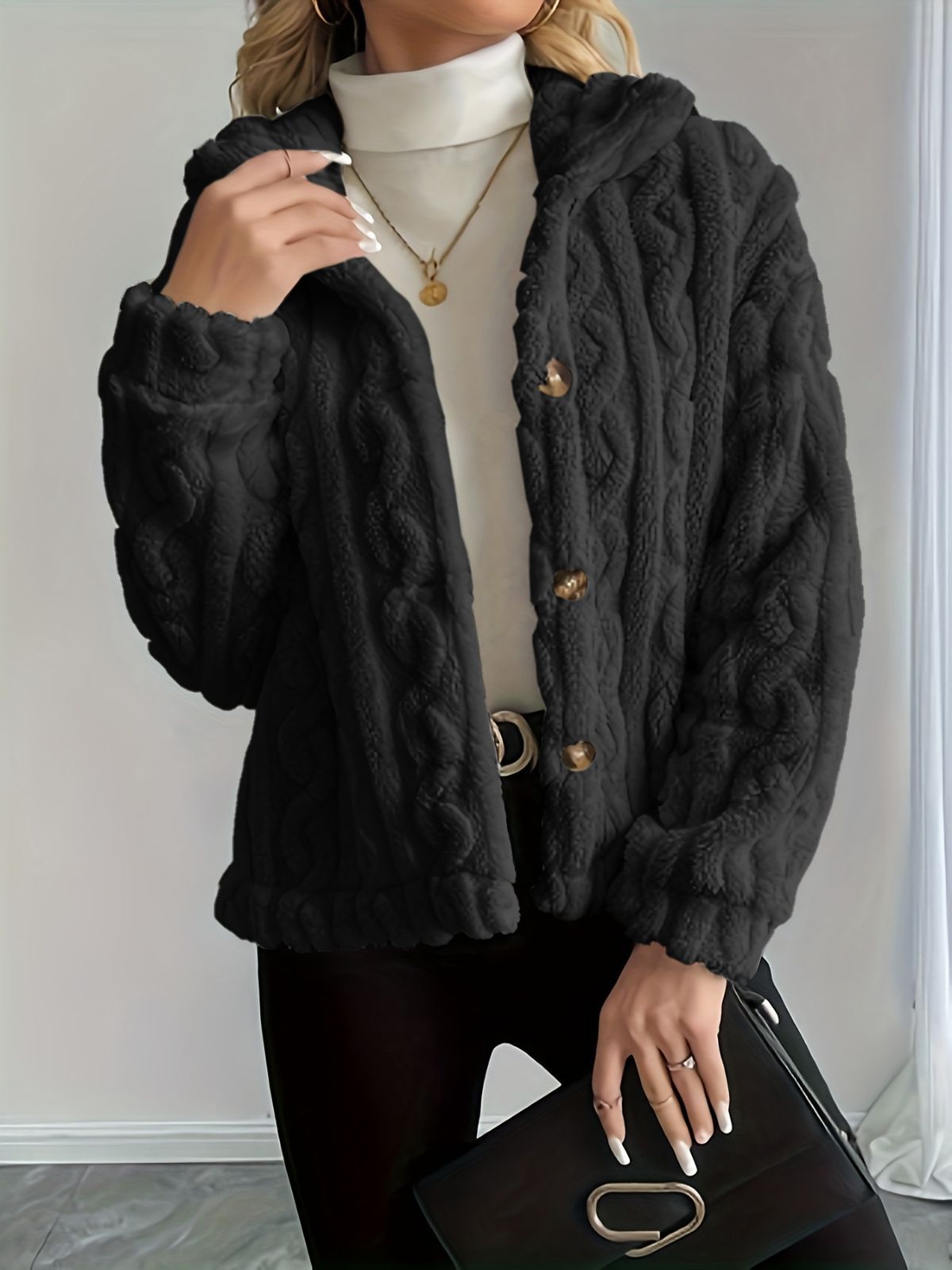 Double-Sided Fleece Coat Turn-Down Collar Button Coat Women'S Winter Outerwear - Black - Size XS(AU XS/EU44)