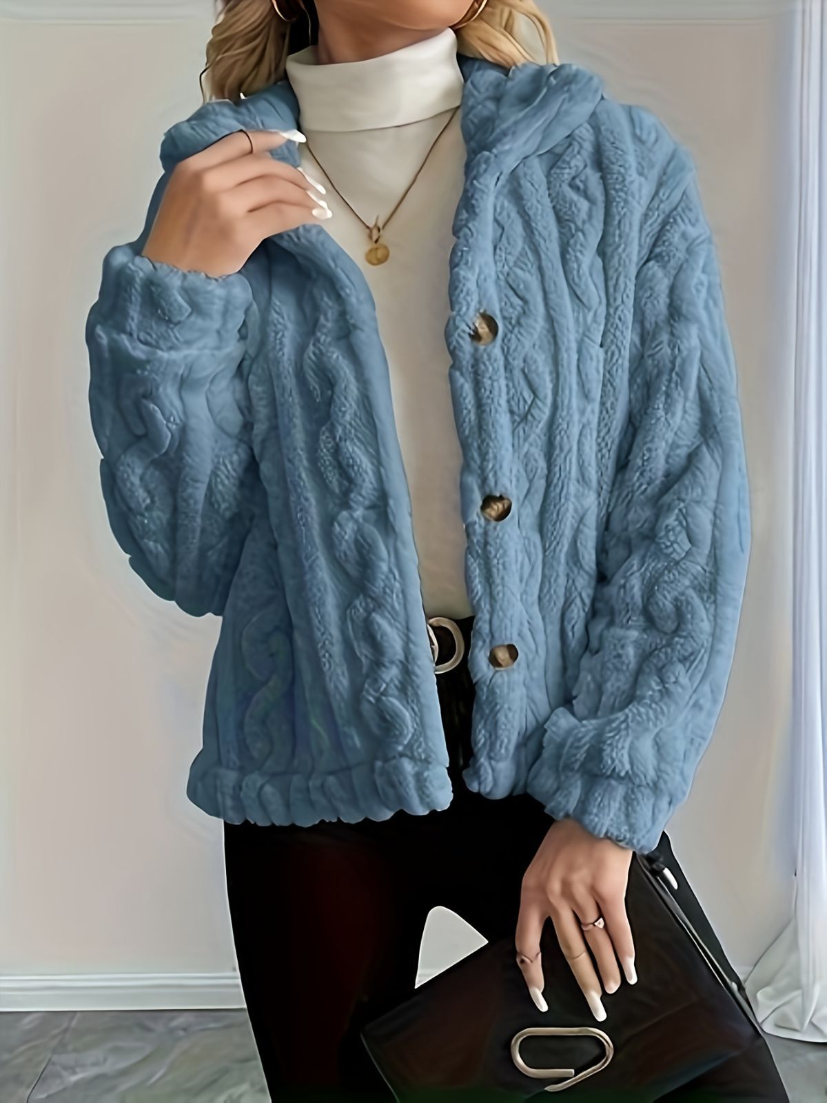 Double-Sided Fleece Coat Turn-Down Collar Button Coat Women'S Winter Outerwear - Sky Blue - Size 2XL(AU 2XL/EU54)