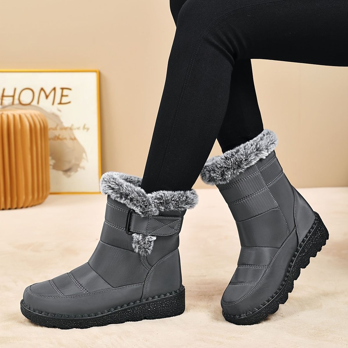 Women's Faux-Fur Trimmed Snow Boots - Gray - Size 12(AU12/EU40)