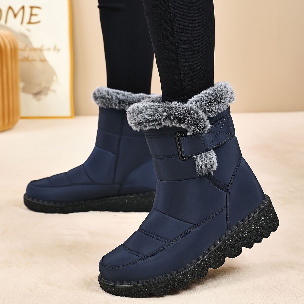 Women's Faux-Fur Trimmed Snow Boots - Blue - Size 8(AU8/EU36)