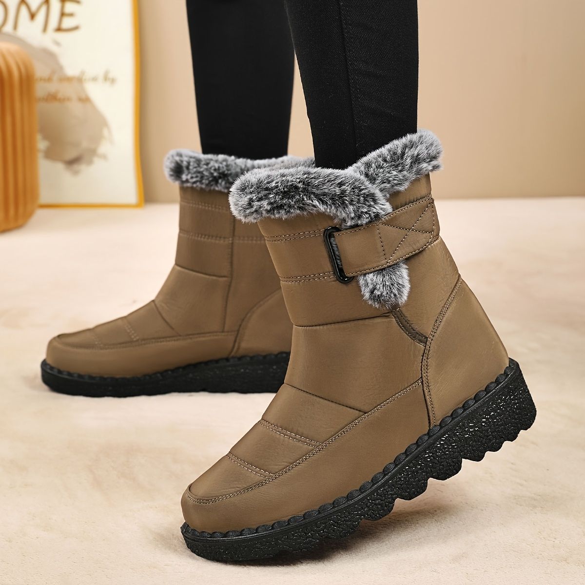 Women's Faux-Fur Trimmed Snow Boots - Coffee - Size 8(AU8/EU36)
