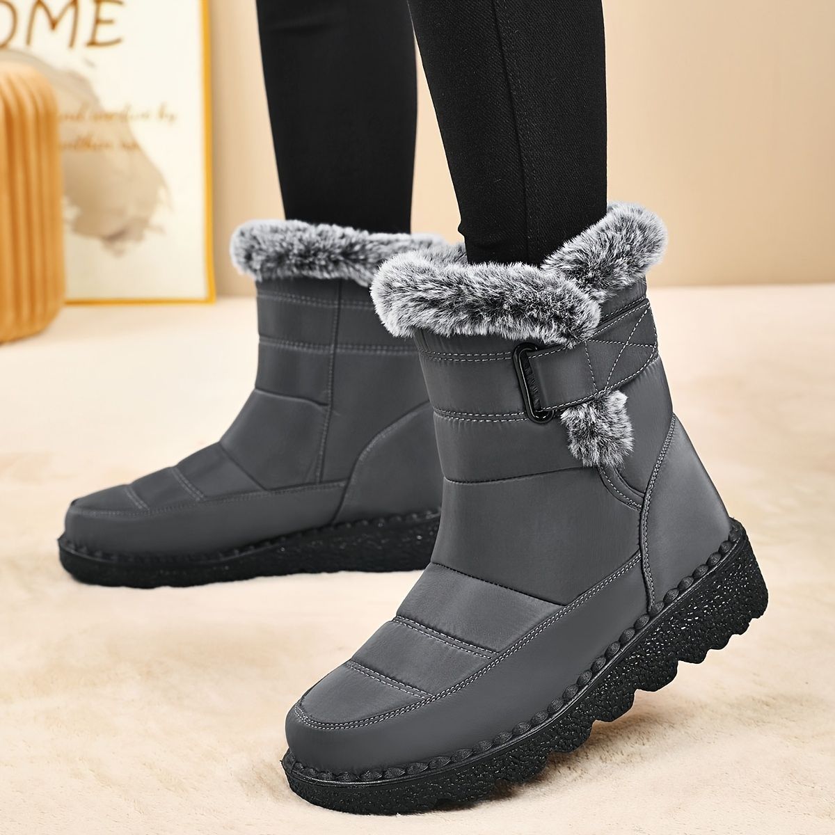 Women's Faux-Fur Trimmed Snow Boots - Gray - Size 12(AU12/EU40)