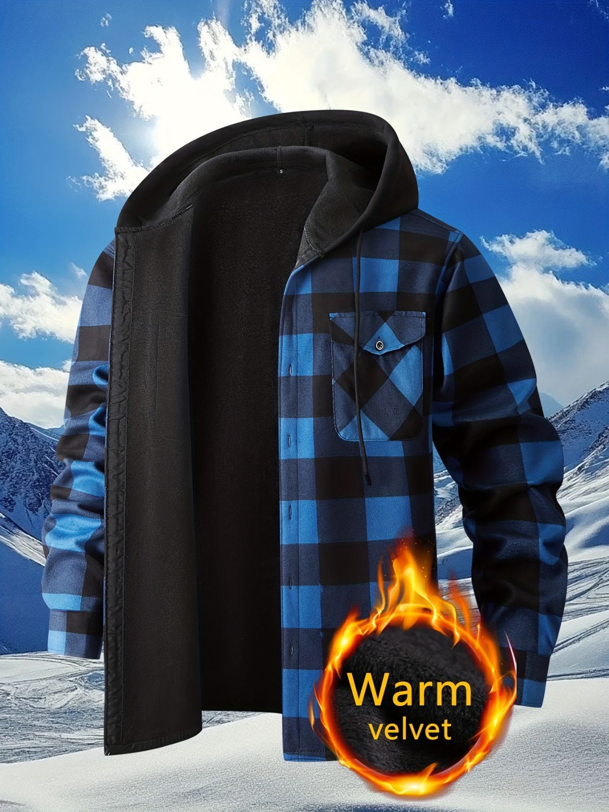 Plaid Hooded Jacket with Velvet Lining - Red - Size S(AU S/EU46)