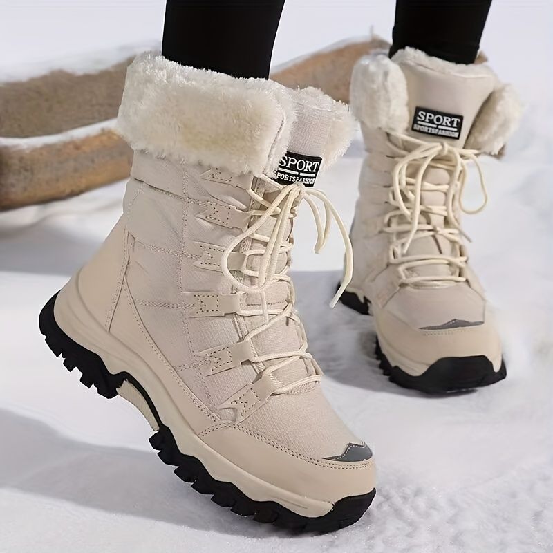 Women's long-sleeve snow boots, winter, fleece-lined, warm, outdoor, snow, sports shoes, minus temperature, cold, women's high-top shoes, casual, daily, leisure, hiking boots, slip-resistant, wear-resistant, large size, women's shoes, - Khaki - Size 6(AU6