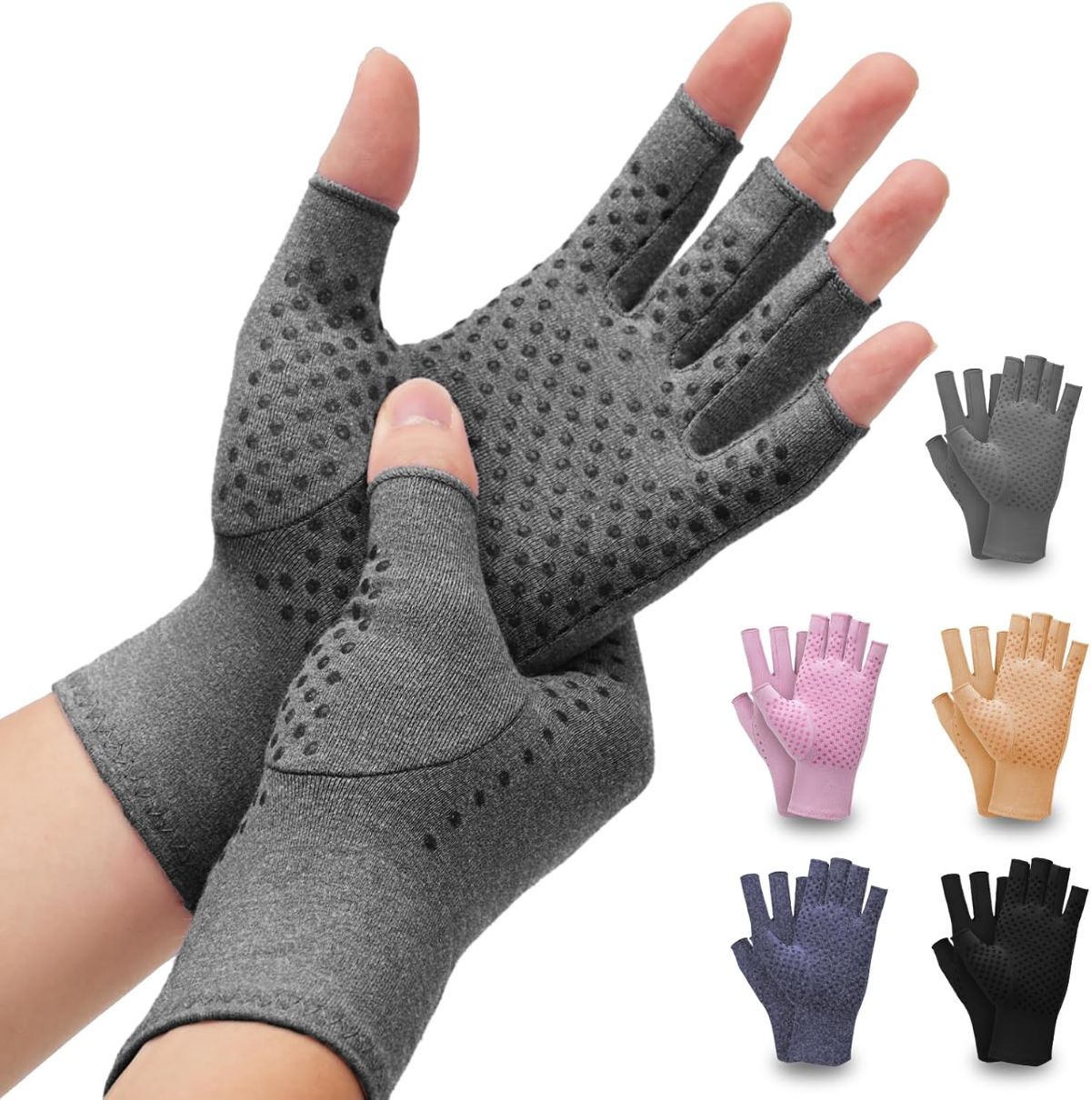 2-Pair Arthritis Compression Gloves- for Hand Arthritis, Carpal Tunnel Pain, Rheumatoid Arthritis, RSI, Fingerless, Anti-Slip, Breathable Gloves for Men & Women, Typing, Daily Use - Gray - Size L