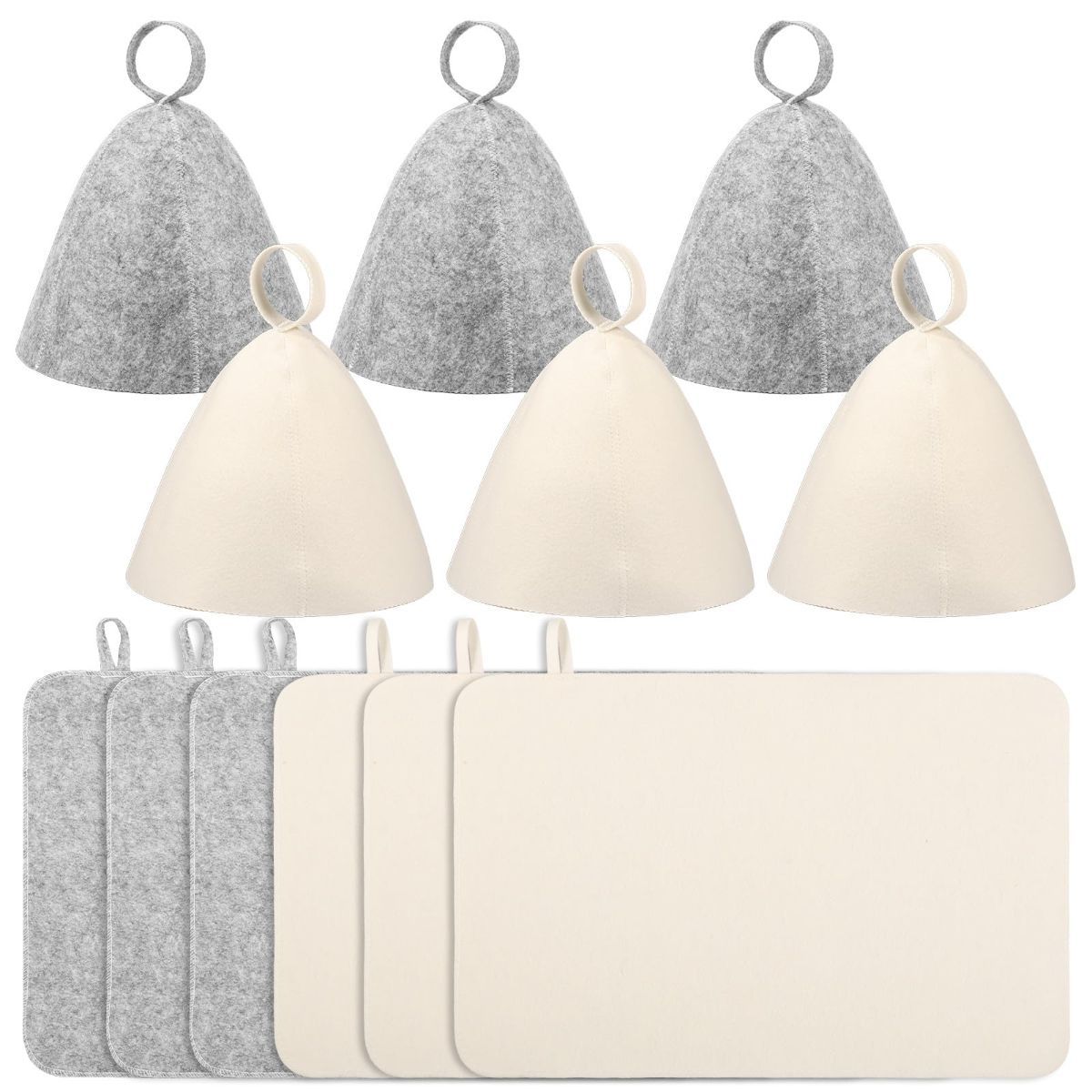 6Pcs Sauna Hats & 6Pcs Sauna Mats, Felt Sauna Hat, Bath Hair Caps with Loops, Heat Insulation Sauna Mat, Head Protection Shower Hat, Safe Sauna Mat Set, Sauna Accessories for Home