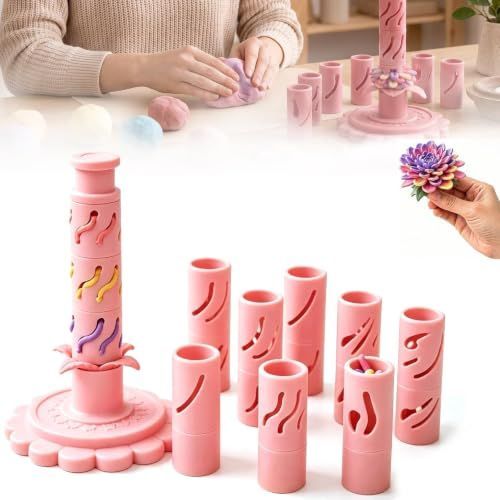 With 24 colors of modeling clay 3D Promted Flower Modular Clay Bloom Maker with 9 Shaping Sleeves Reusable Press Mold,Effortlessly make unique layered clay flowers for beginners and DIY lovers - Pink