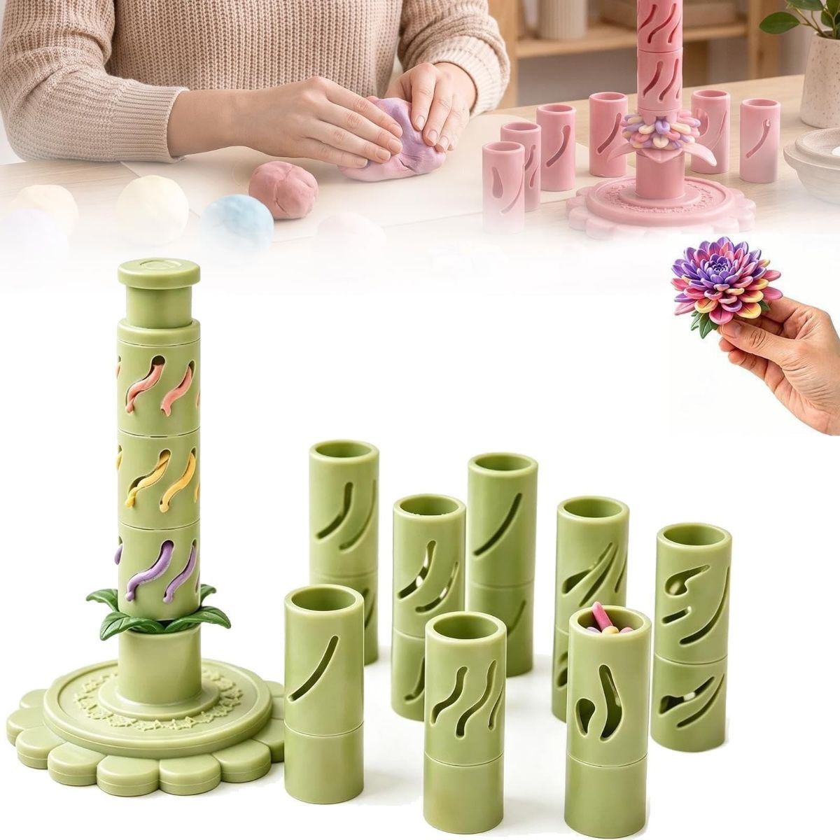 Clay-Free Version 3D Promted Flower Modular Clay Bloom Maker with 9 Shaping Sleeves Reusable Press Mold,Effortlessly make unique layered clay flowers for beginners and DIY lovers - Green