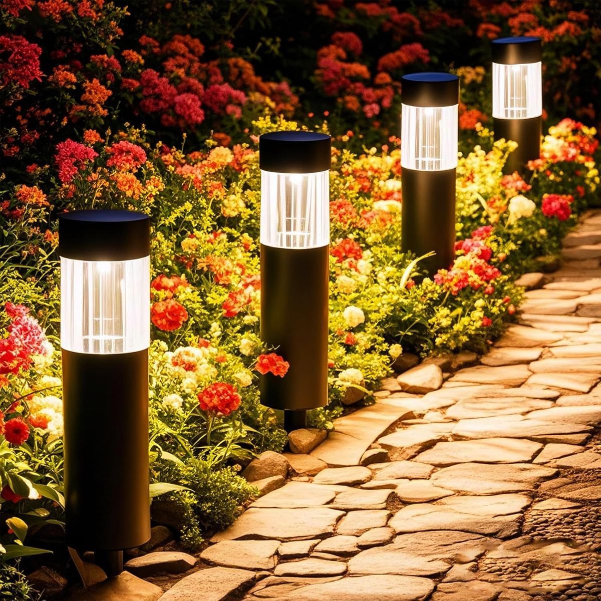 Solar Pathway Lights Outdoor, Stainless Steel Solar Garden Lights, Bright 35LM Warm White LED, Auto On/Off IP65 Waterproof Path Lights for Yard, Lawn, Walkway, Patio, Driveway - Black - Size 1 Pack