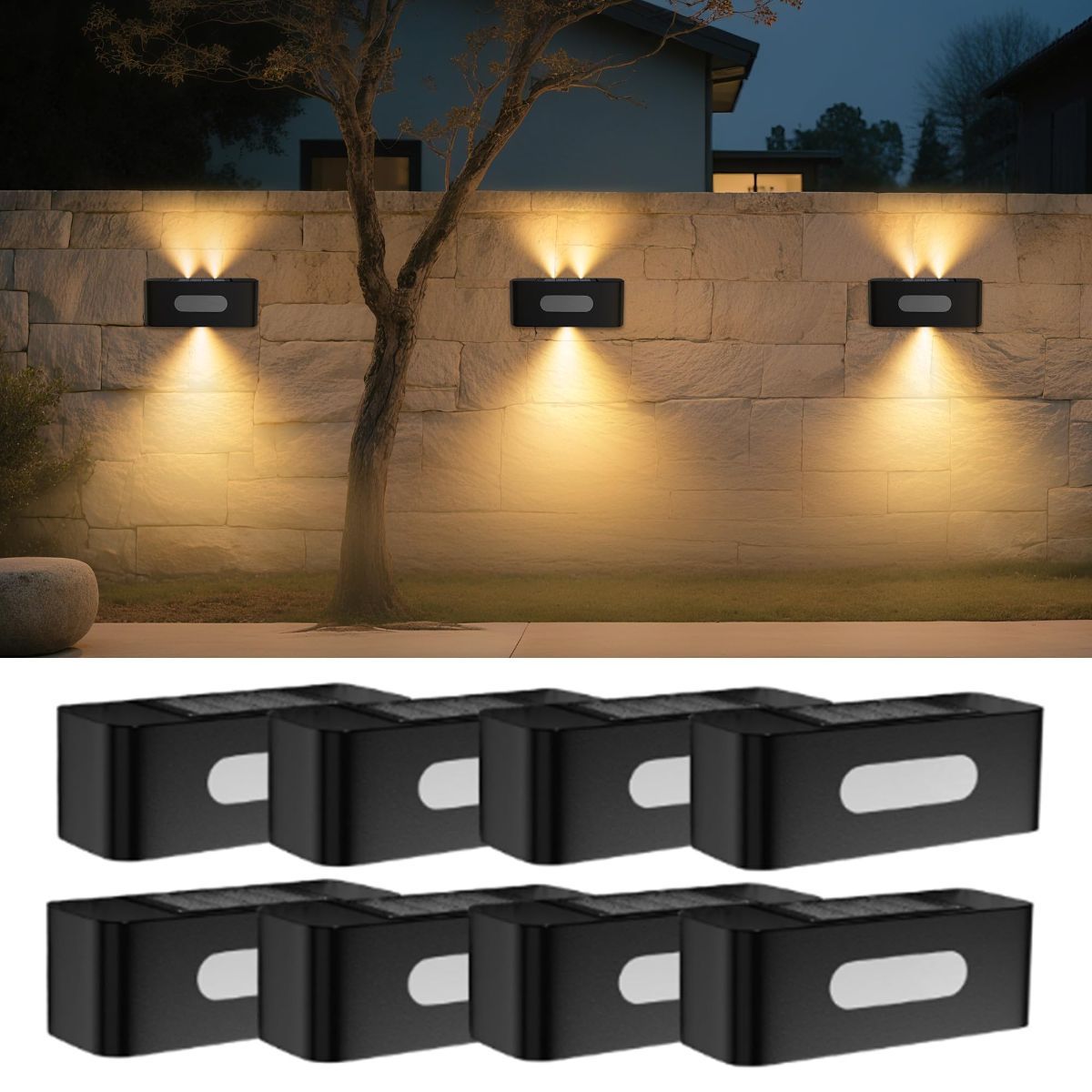Solar Fence Lights, Solar Wall Lights Waterproof Outdoor Up and Down Lighting for Outside, Garden, Walkway, Door, Porch, Deck - Warm White - Size 8 Pack