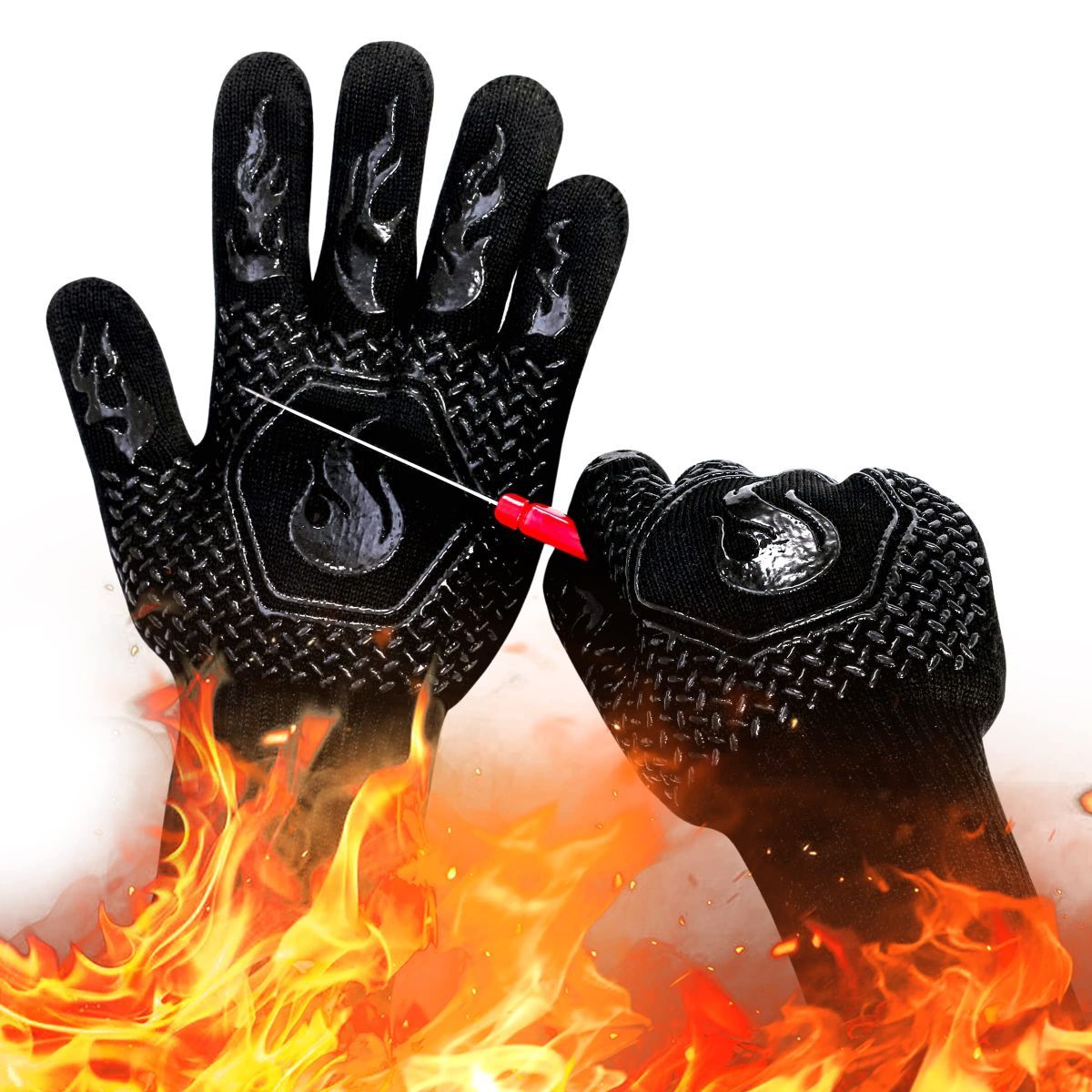 BBQ Gloves 1472F Heat Resistant Non-Slip Silicone 13.5in Grill Cut-Resistant, Oven Kitchen Safe for Barbecue, Cooking, Frying