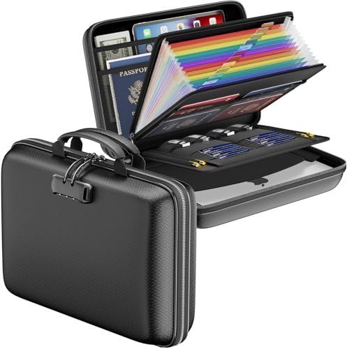 Fireproof File Organizer with Lock, Hard-Shell Case Fireproof Document Box with 13 Pocket Accordion File Folder, Portable Home Office Travel Safe Storage for Important Documents Laptop - Black - Size 15.5" x 11.5" x 3"