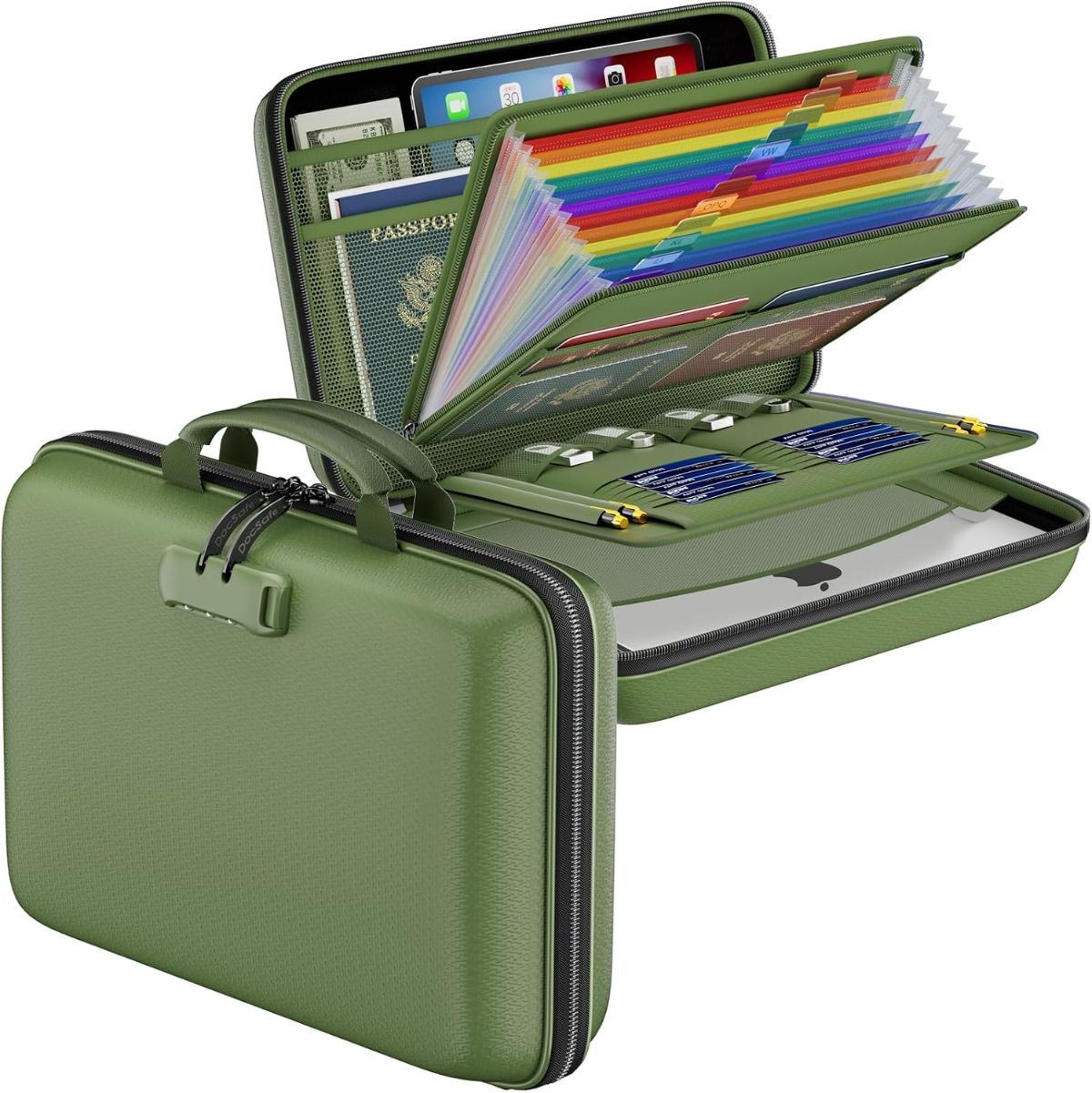 Fireproof File Organizer with Lock, Hard-Shell Case Fireproof Document Box with 13 Pocket Accordion File Folder, Portable Home Office Travel Safe Storage for Important Documents Laptop - Green - Size 15.5" x 11.5" x 3"